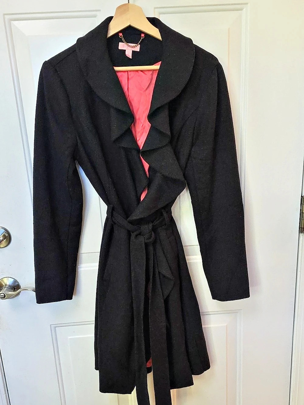 Lilly Pulitzer Black Ruffle Front Wrap Coat Black & Pink Large